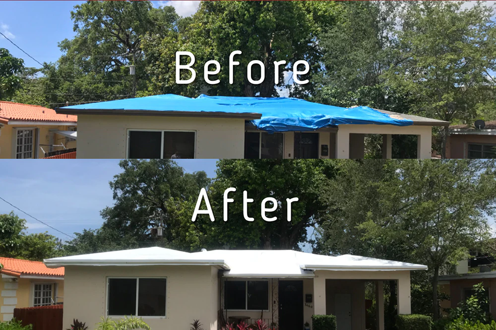 Temporary Tight Fit Roof Wrap, Image of Before and After roof wrap